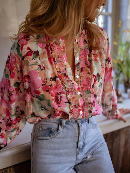 Vintage Floral Smocked Ruffle Blouse - Long Sleeve Slouchy Button-Down Shirt for Women