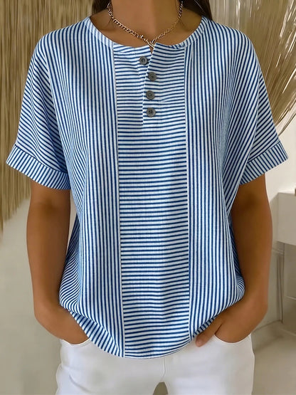 Casual Vertical Stripe Short Sleeve Shirt | Breathable Half-Button Summer Blouse