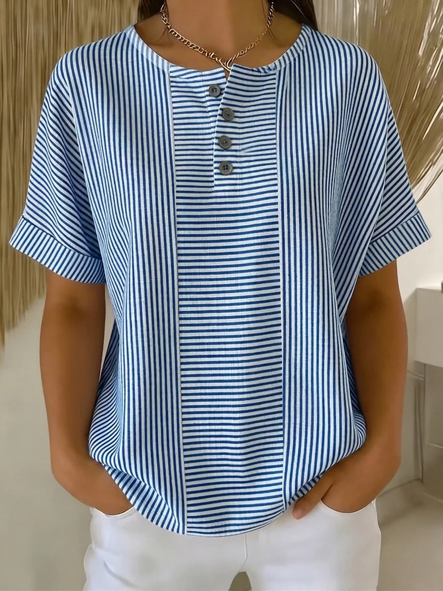 Casual Vertical Stripe Short Sleeve Shirt | Breathable Half-Button Summer Blouse