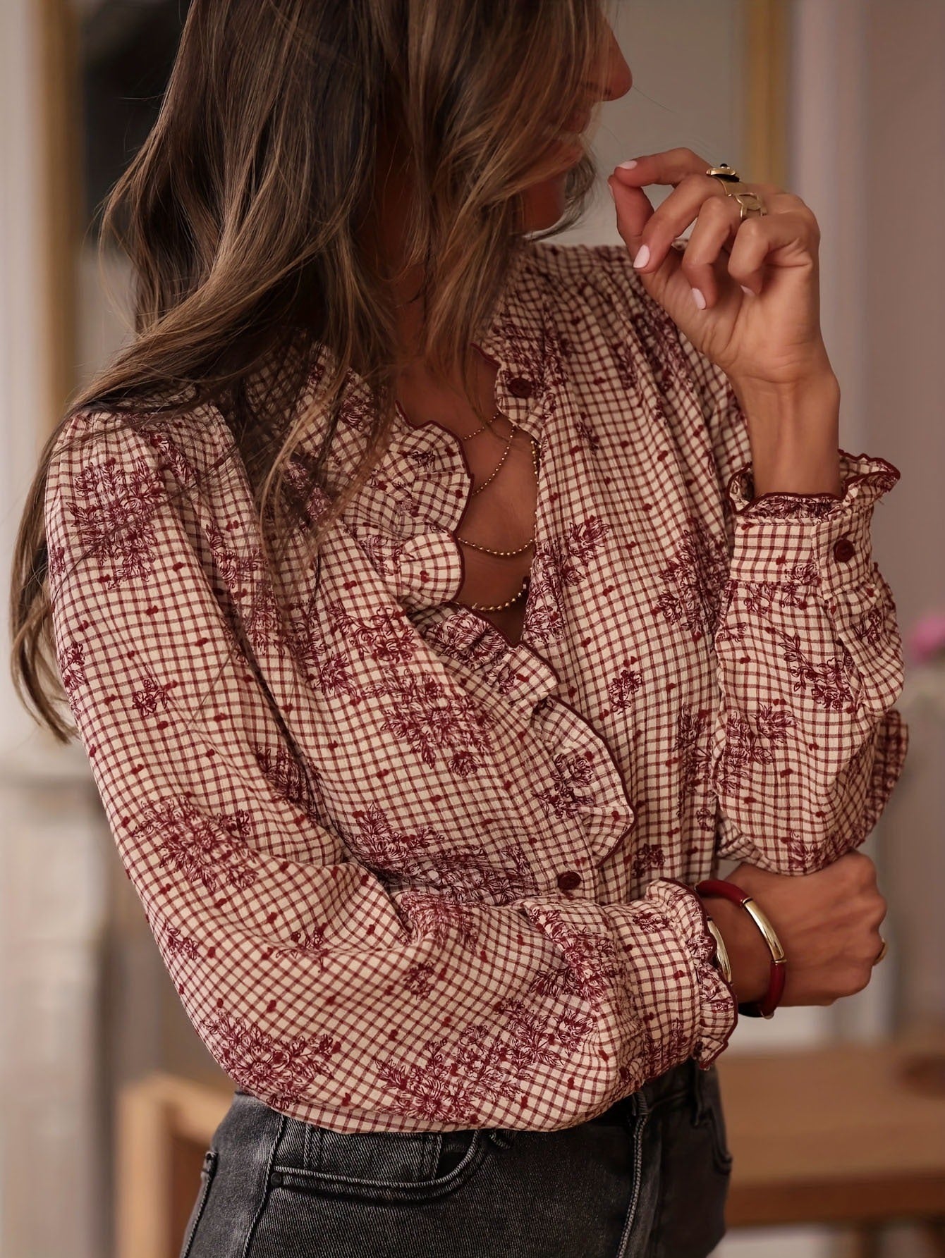 Vintage Plaid Floral Ruffle Blouse - Long Sleeve Stand Collar Button-Down Shirt for Women