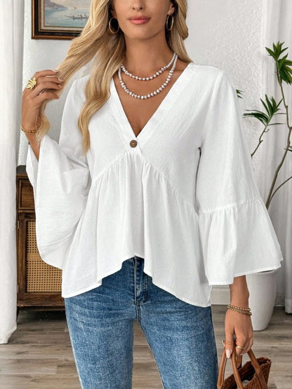 Cotton V-Neck Blouse | Flare Ruffle Sleeve Casual Flowy Babydoll Shirt Top