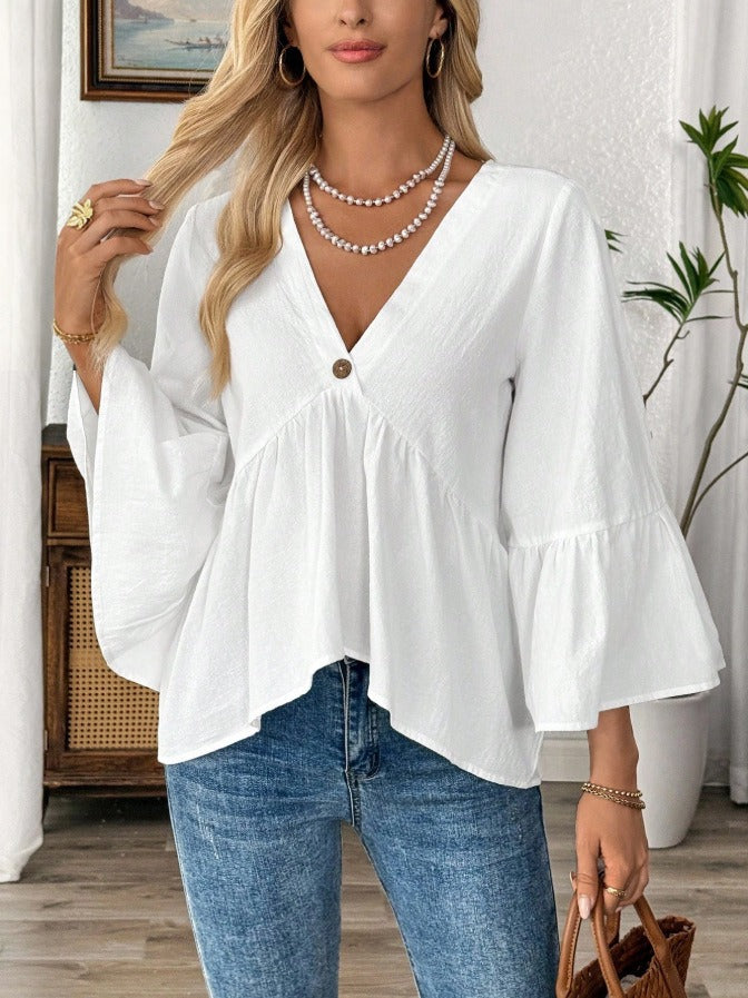 Cotton V-Neck Blouse | Flare Ruffle Sleeve Casual Flowy Babydoll Shirt Top