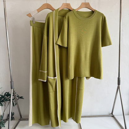 Elegant 3-Piece Knit Lounge Set - Contrast Trim Long Robe Cardigan, Crewneck Tee & Wide Leg Pants