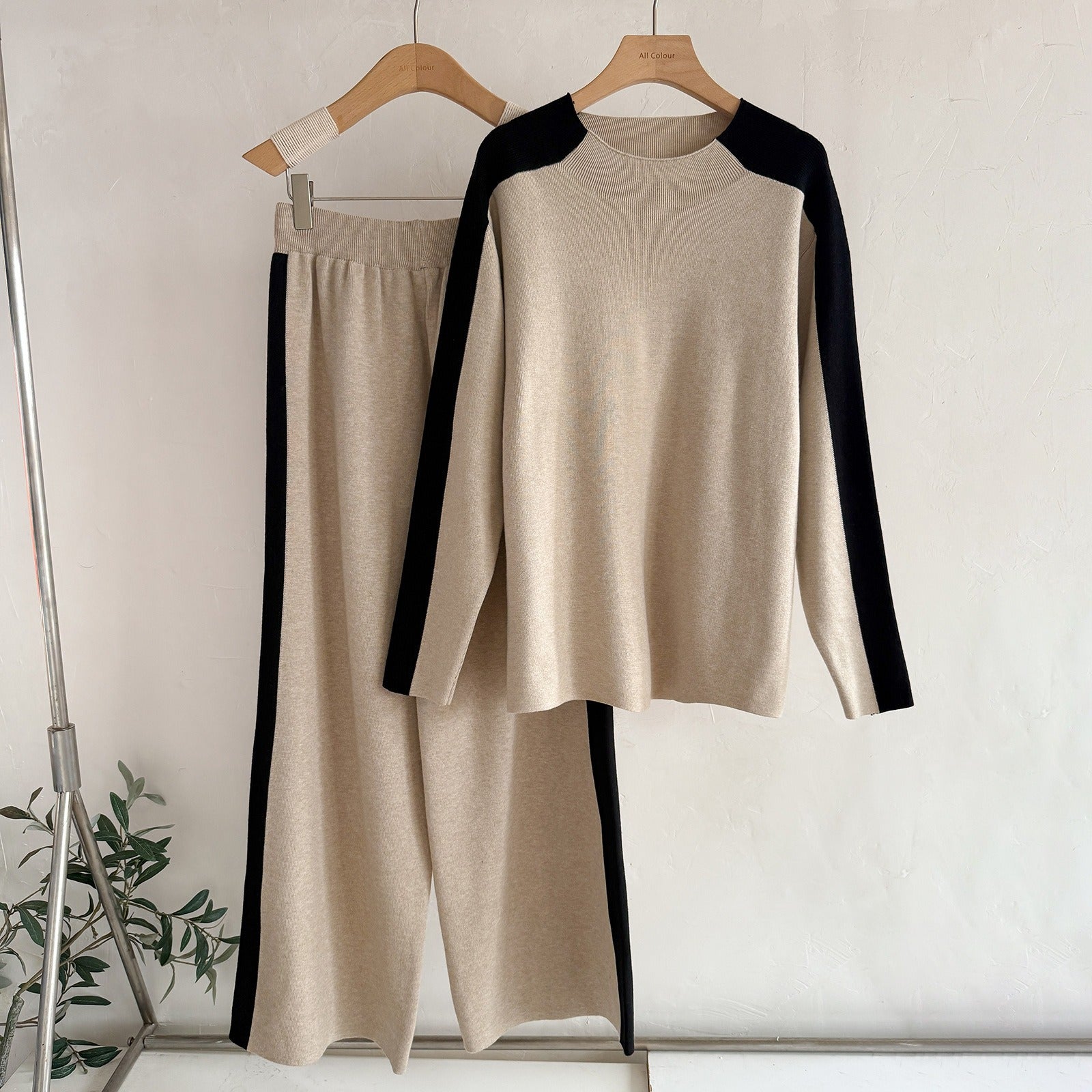 Chic Colorblock 2-Piece Knit Set - Mock Neck Long Sleeve Sweater & Wide Leg Stripe Pants Lounge Set