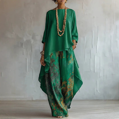 Bohemian Asymmetric Tunic & Wide-Leg Pants Set - Two-Piece Casual Resort Outfit for Women