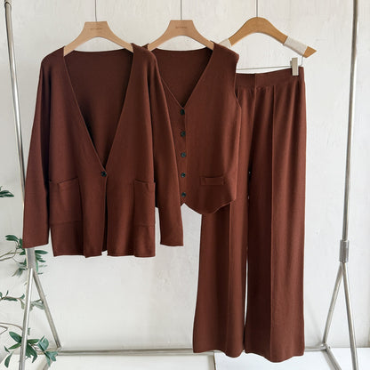 Chic 3-Piece Knit Lounge Set - Open Front Cardigan, V-Neck Button Vest & Wide Leg Pants