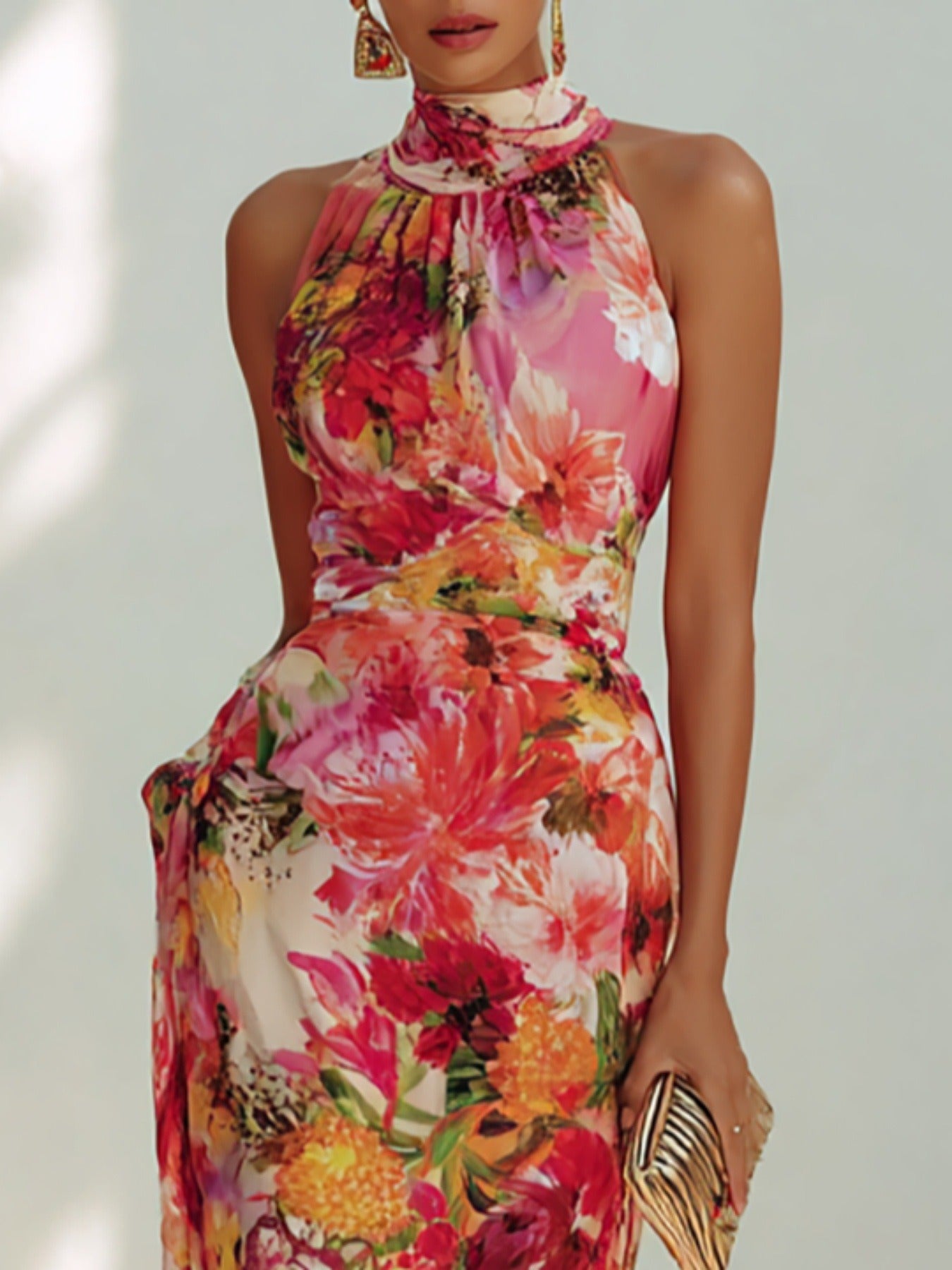 Italian Garden Style Floral Long Dress | Luxury High Waist Flowy Resort Maxi Dress