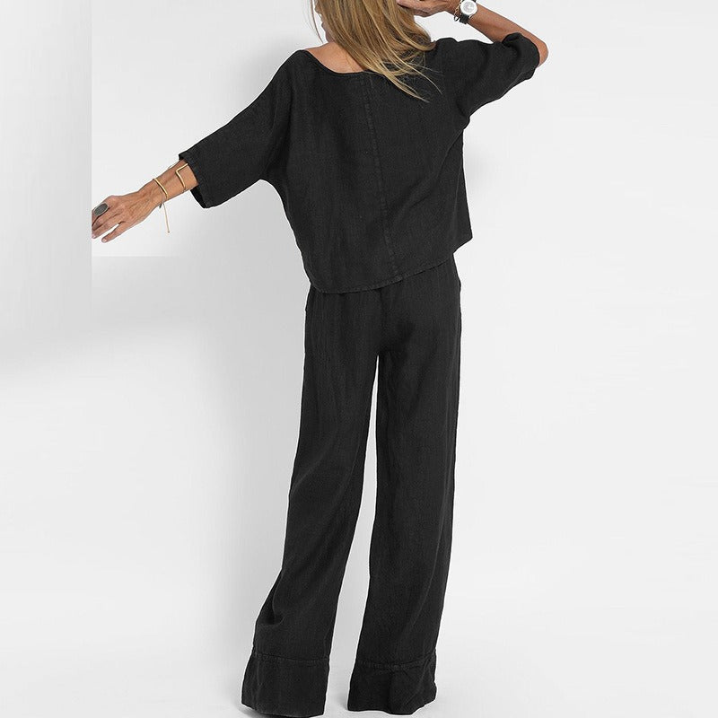 Ensemble deux pièces en mélange de lin pour femme – Haut à manches courtes et col rond et pantalon à jambes très larges, ensemble décontracté de vacances d'été