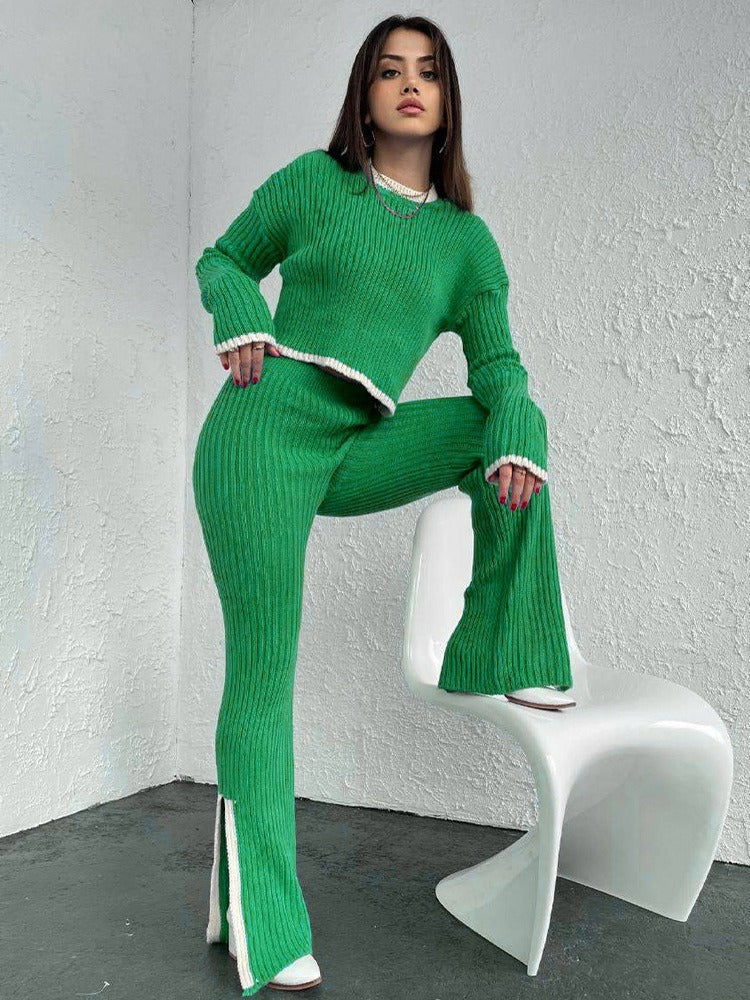 Trendy Ribbed Knit Two-Piece Set - Contrast Trim Long Sleeve Sweater & Flare Pants Lounge Set
