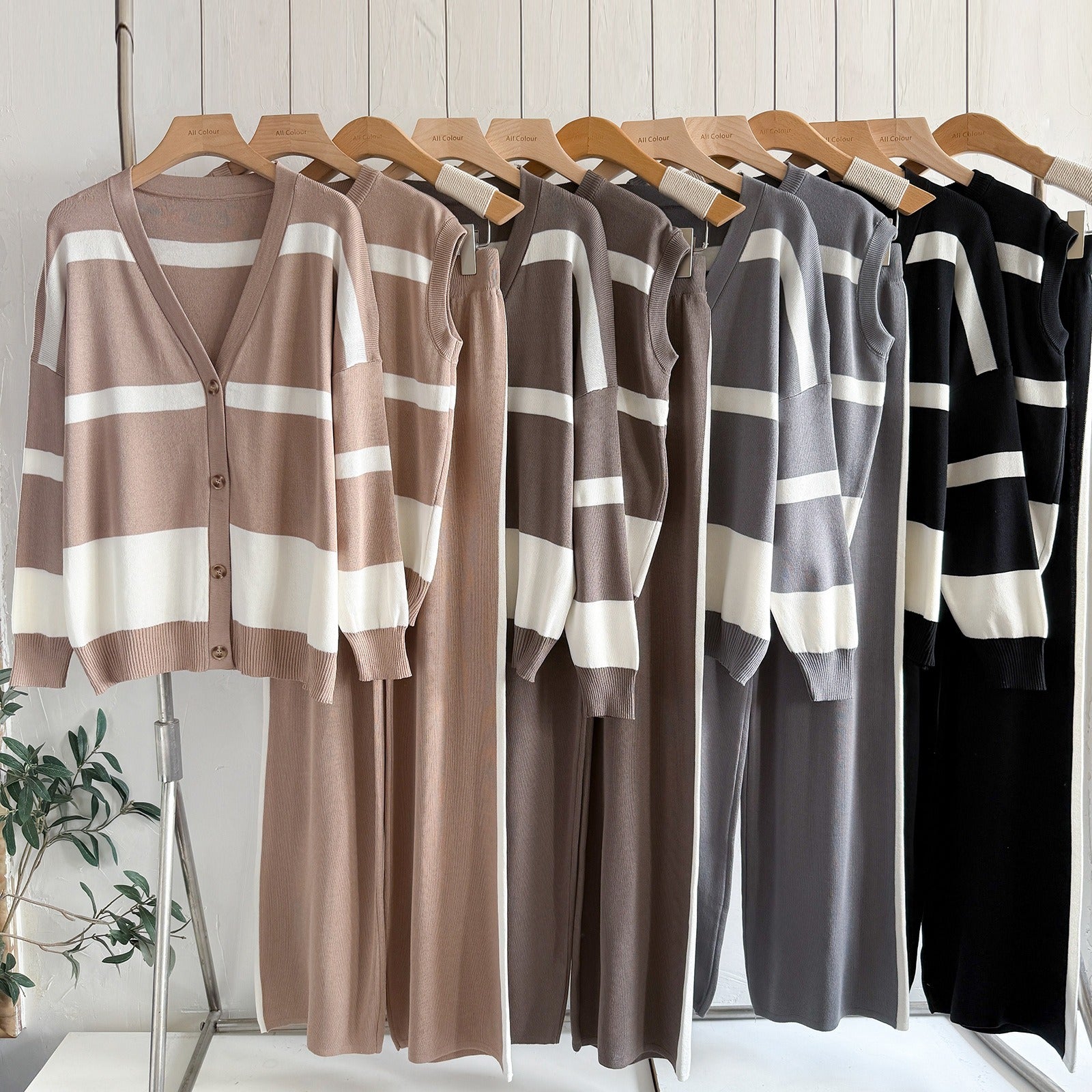 Mercerized Cotton Striped Knit 3-Piece Set | V-Neck Button Cardigan Sleeveless Vest Sweater & Wide Leg Pants Suit