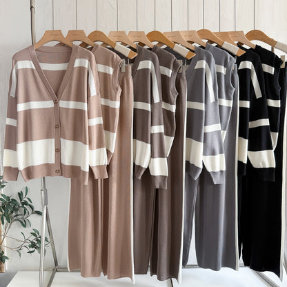 Mercerized Cotton Striped Knit 3-Piece Set | V-Neck Button Cardigan Sleeveless Vest Sweater & Wide Leg Pants Suit