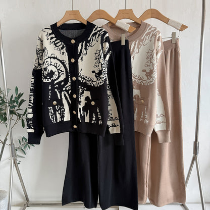 Vintage Jacquard 2-Piece Knit Set - Button-Down Cardigan & High-Waist Wide Leg Pants Lounge Set