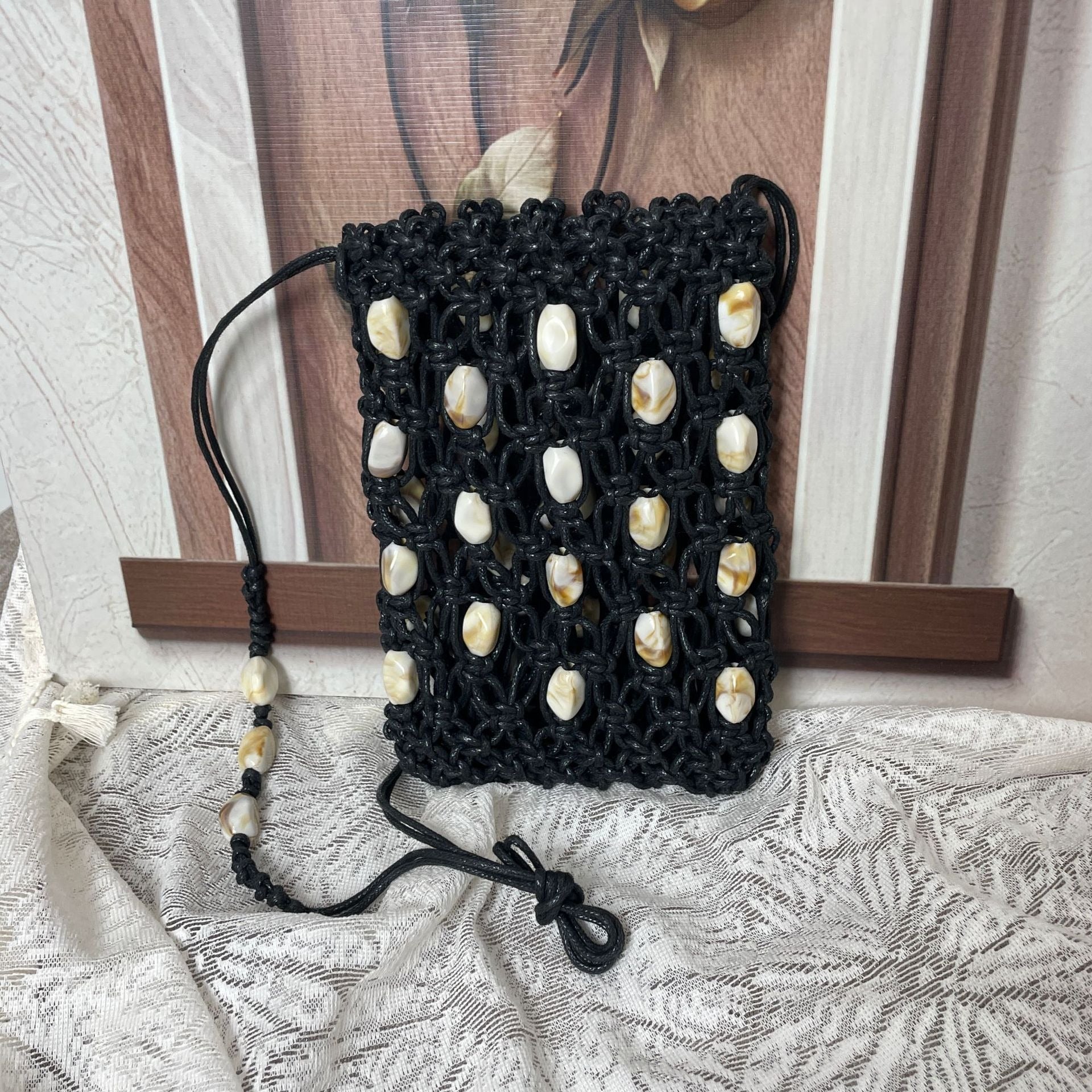 Bohemian Cowrie Shell Macrame Phone Bag - Handmade Wax Cord Woven Mini Crossbody Beach Purse