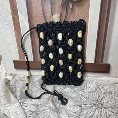 Bohemian Cowrie Shell Macrame Phone Bag - Handmade Wax Cord Woven Mini Crossbody Beach Purse