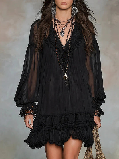 Robe Courte de Vacances Gothique Bohème en Chiffon | Taille Haute Romantique à Volants