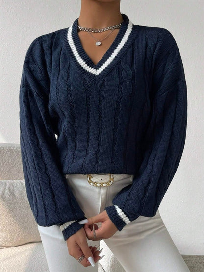 Women's Cable Knit V-Neck Sweater | Casual Contrast Stripe Preppy Jumper Top