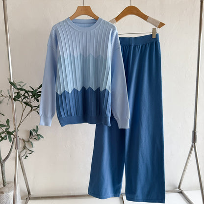 Chic Colorblock 2-Piece Knit Set - Ribbed Crewneck Long Sleeve Sweater & High-Waist Wide Leg Pants Lounge Set