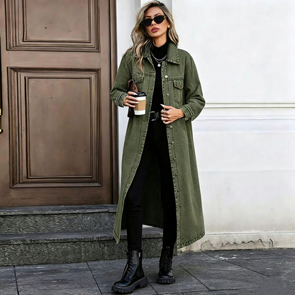 Maxi Denim Trench Coat for Women - Casual Long Sleeve Turn-Down Collar Washed Winter Duster Jacket