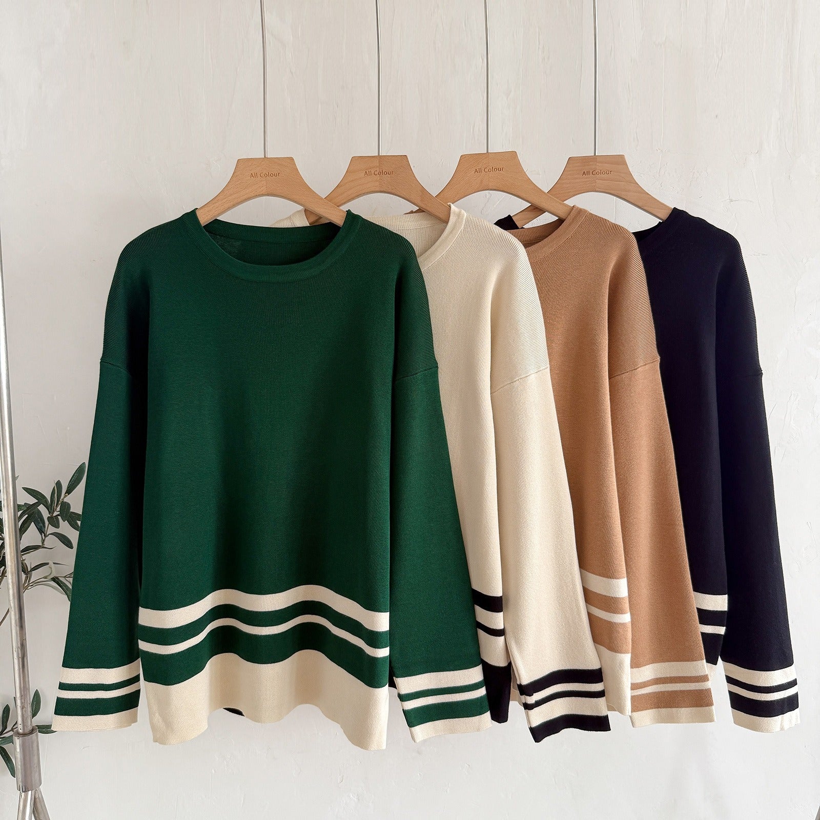 Cozy Stripe Hem 2-Piece Knit Set - Crewneck Long Sleeve Sweater & High-Waist Wide Leg Pants Lounge Set