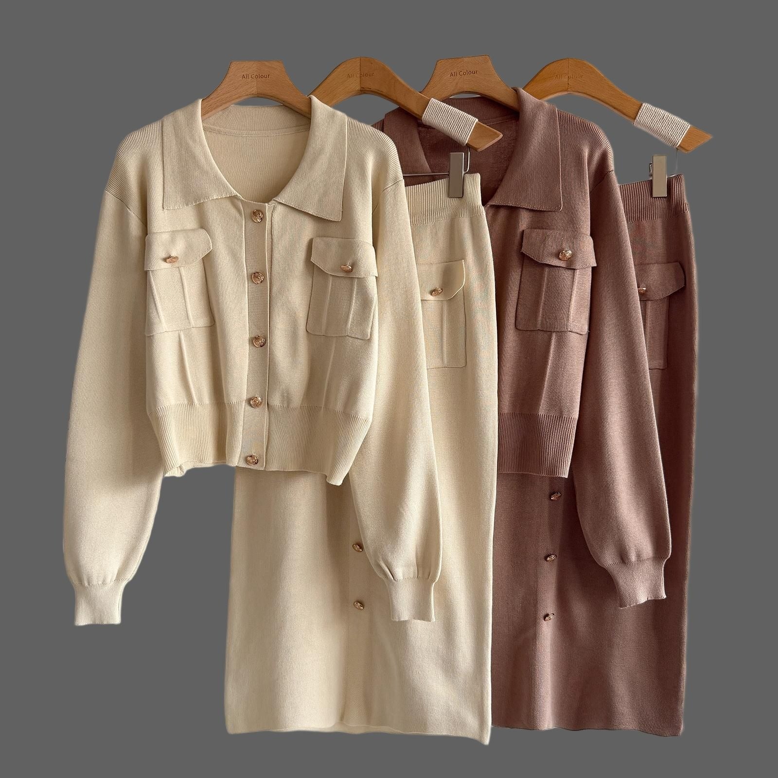French Chic 2-Piece Knit Set - Collared Button-Down Cardigan & High-Waist Midi Skirt Set