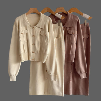 French Chic 2-Piece Knit Set - Collared Button-Down Cardigan & High-Waist Midi Skirt Set