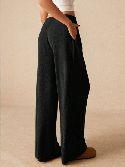 Ribbed Corduroy Wide Leg Lounge Pants | Solid High Waist Drawstring Loose Flowy Casual Trousers