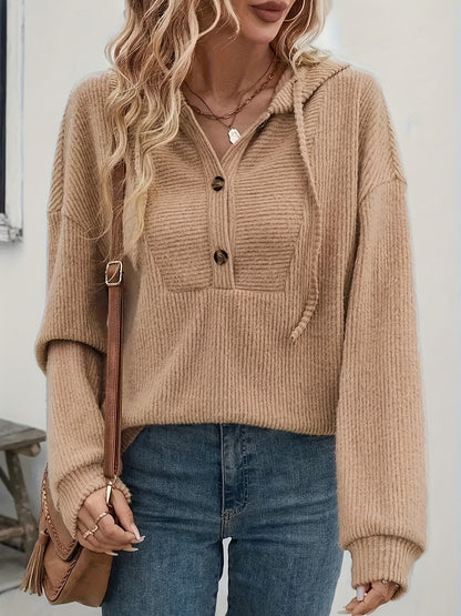 Women's Ribbed Knit Hoodie Pullover | Casual V-Neck Button Front Long Sleeve Sweatshirt