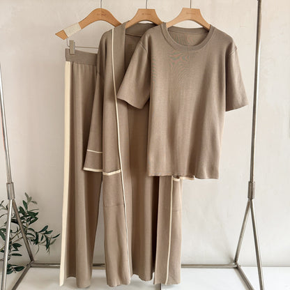 Elegant 3-Piece Knit Lounge Set - Contrast Trim Long Robe Cardigan, Crewneck Tee & Wide Leg Pants