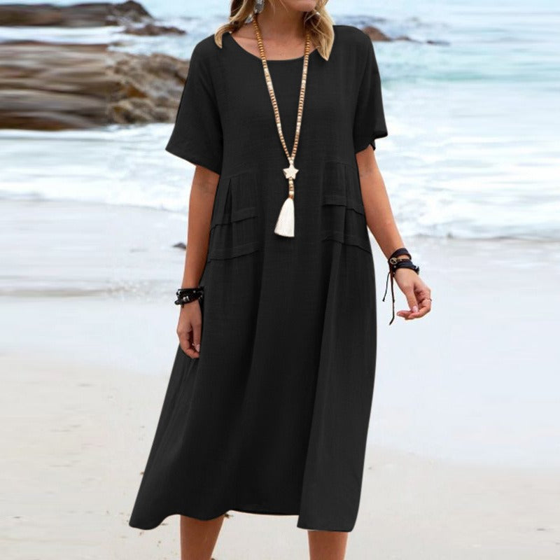 Boho Chic Blue Summer Dress for Women – Elegant Round Neck Tiered Tunic Dress, Breezy Minimalist Resort Wear Midi Gown