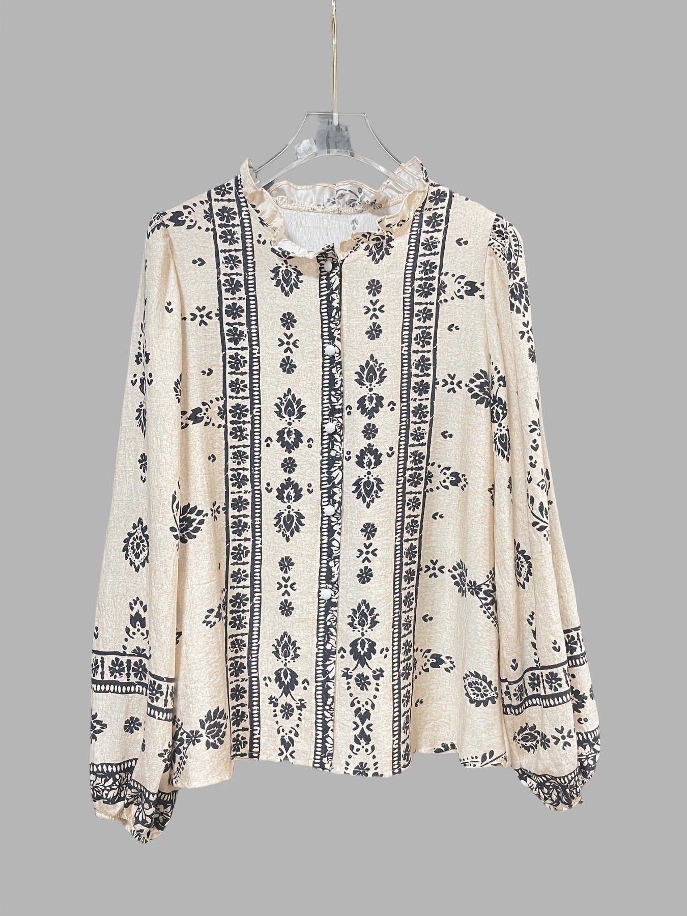 Vintage Bohemian Floral Print Blouse - Long Sleeve Ruffle Collar Button-Down Shirt for Women