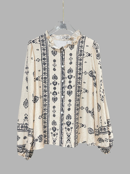 Vintage Bohemian Floral Print Blouse - Long Sleeve Ruffle Collar Button-Down Shirt for Women