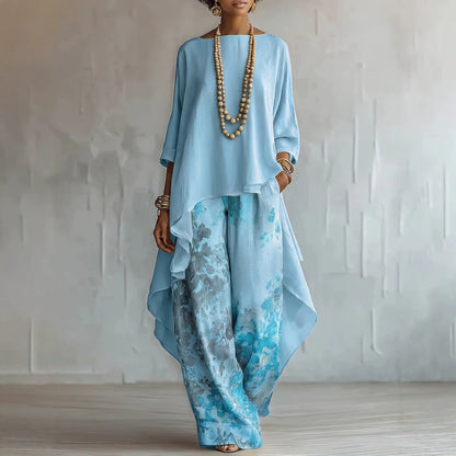 Bohemian Asymmetric Tunic & Wide-Leg Pants Set - Two-Piece Casual Resort Outfit for Women