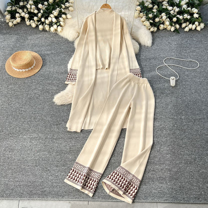 Chic 3-Piece Jacquard Knit Lounge Set - Open Front Shawl Cardigan, Crewneck Top & Wide Leg Pants