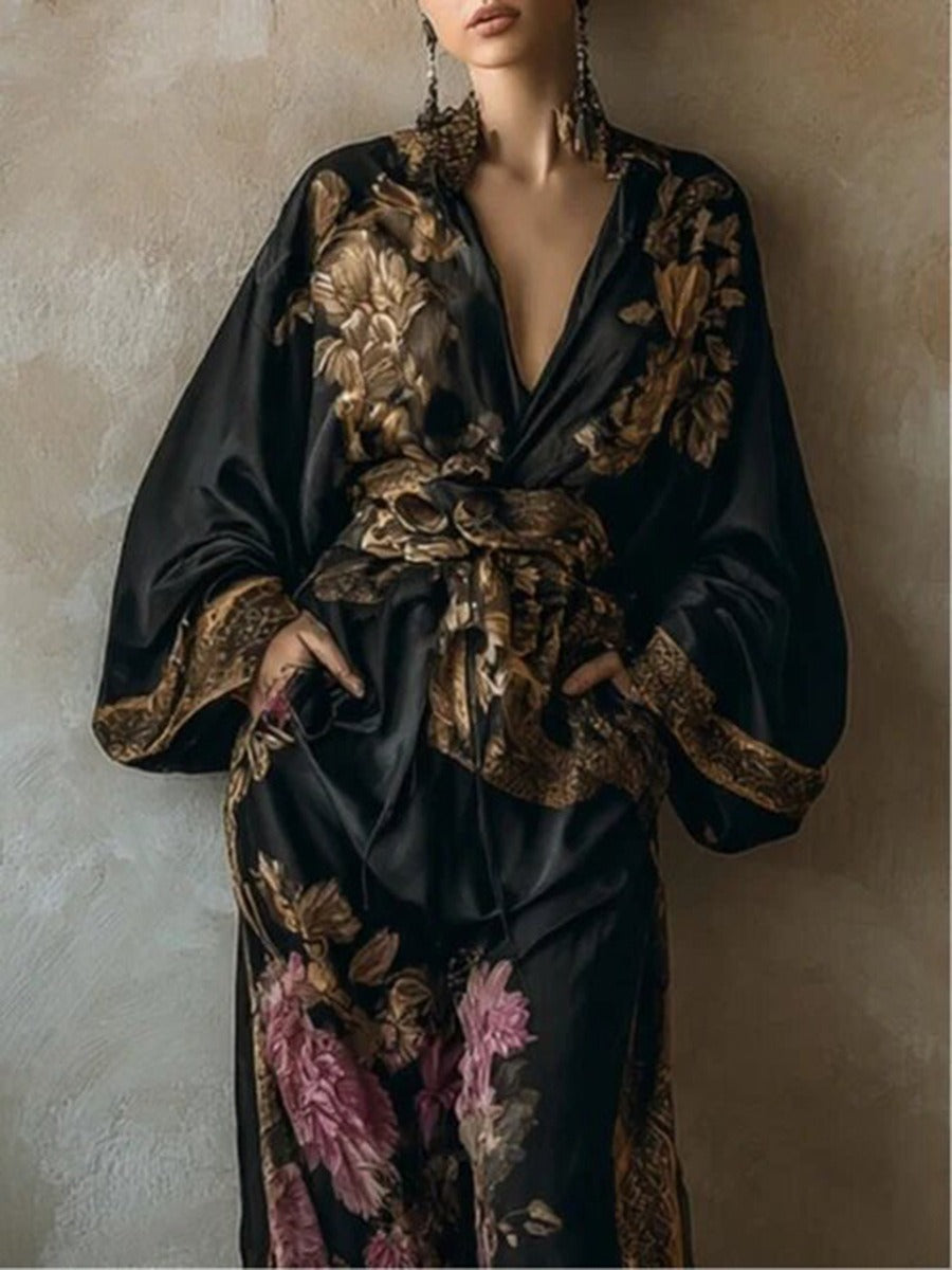 Boho Luxury Silk-Feel Kimono Top and Matching Wide Leg Trousers Two-Piece Resort Set