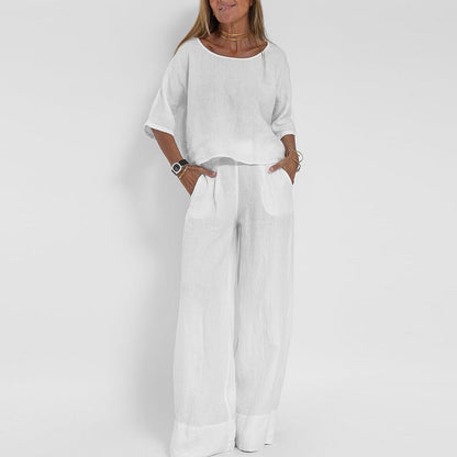 Ensemble deux pièces en mélange de lin pour femme – Haut à manches courtes et col rond et pantalon à jambes très larges, ensemble décontracté de vacances d'été