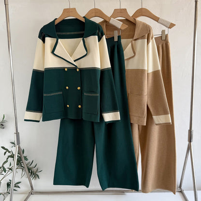 Old Money Double-Breasted Knit 2-Piece Set | Short Sleeve Blazer Cardigan & Wide Leg Pants Suit