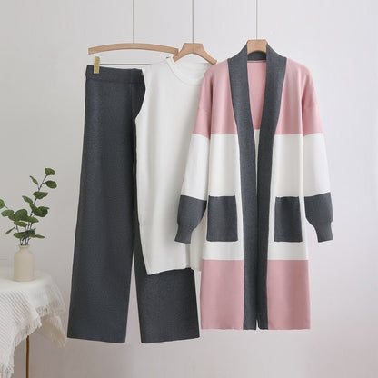 Color-Block Knit 3-Piece Set | Open Front Long Cardigan Sleeveless Crewneck Top & Wide Leg Pants Suit