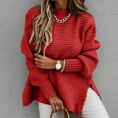 Chunky Knit Mock Neck Sweater - Loose Fit Side Slit Long Sleeve Pullover Sweater Plus Size