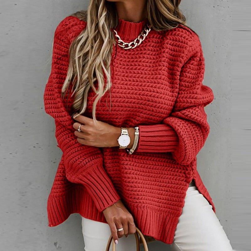Chunky Knit Mock Neck Sweater - Loose Fit Side Slit Long Sleeve Pullover Sweater Plus Size