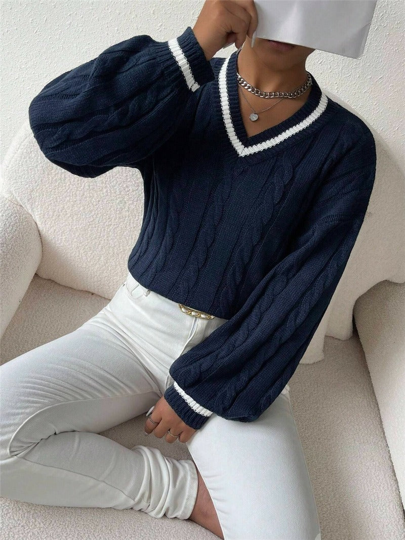 Women's Cable Knit V-Neck Sweater | Casual Contrast Stripe Preppy Jumper Top