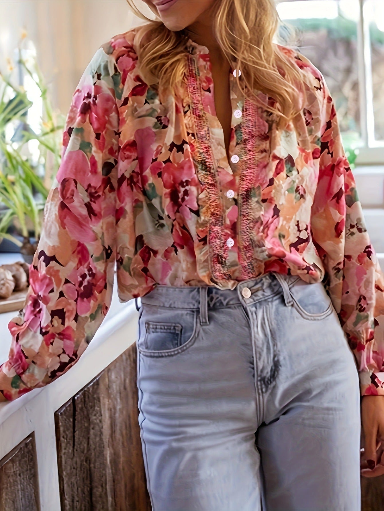 Vintage Floral Smocked Ruffle Blouse - Long Sleeve Slouchy Button-Down Shirt for Women