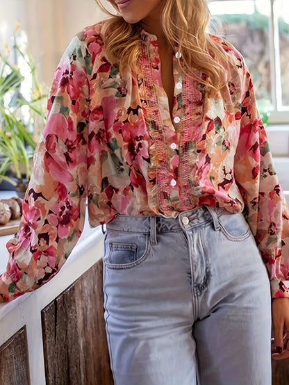 Vintage Floral Smocked Ruffle Blouse - Long Sleeve Slouchy Button-Down Shirt for Women