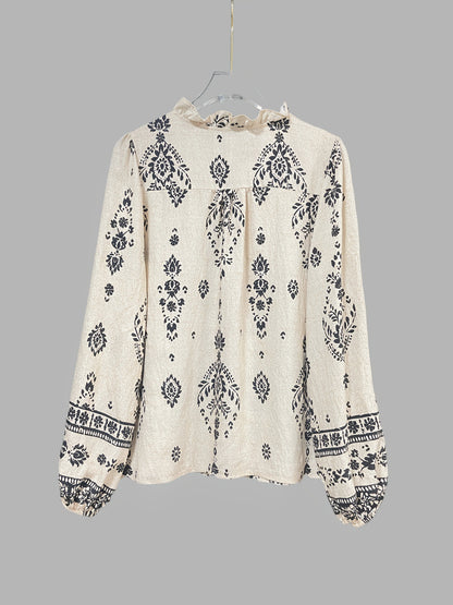 Vintage Bohemian Floral Print Blouse - Long Sleeve Ruffle Collar Button-Down Shirt for Women