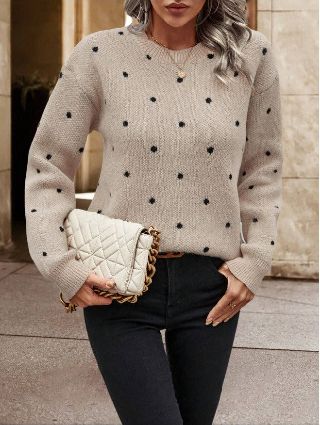 Women's Polka Dot Jacquard Knit Sweater | Casual Round Neck Long Sleeve Pullover Top