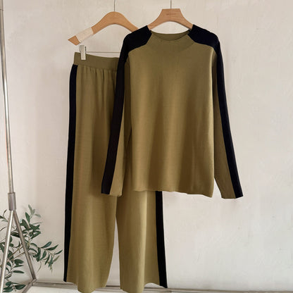Chic Colorblock 2-Piece Knit Set - Mock Neck Long Sleeve Sweater & Wide Leg Stripe Pants Lounge Set