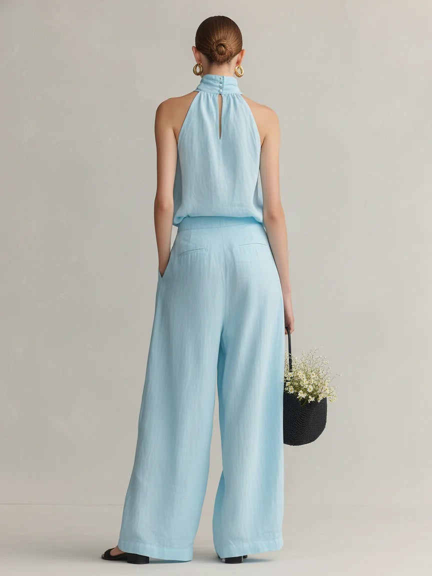 Chic Halter Neck Sleeveless Top & High-Waist Wide Leg Pants 2-Piece Linen Blend Lounge Set
