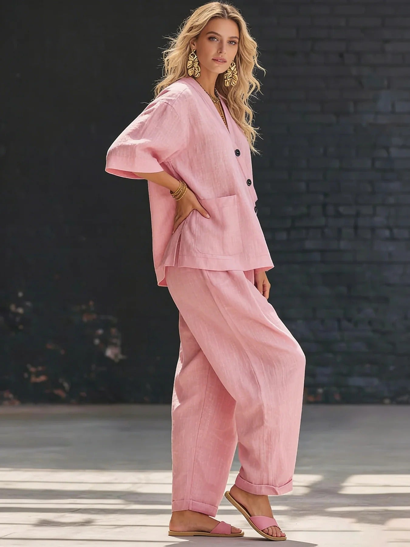 Ensembles deux pièces en lin pour femme – Haut asymétrique à manches courtes boutonné et pantalon ample coupe sarouel, ensemble coordonné décontracté d'été