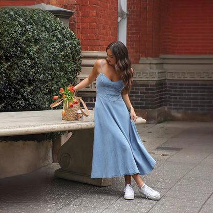 Vintage Washed Denim Camisole Dress for Women - Elegant Slender Fit A-Line Long Gown
