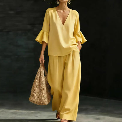 Ensembles deux pièces en lin pour femmes – Haut élégant à col en V et manches cloche à volants et pantalon large, ensemble décontracté d'été pour la maison