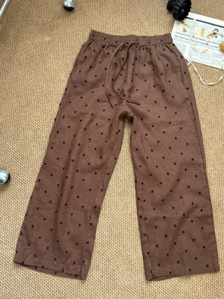 Vintage Polka Dot Embroidered Linen Pants | Casual High Waist Drawstring Loose Wide Leg Trousers
